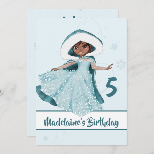 クリスマスプリンセス誕生日ダークヘアスノーフレーク 招待状 (正面/裏面)