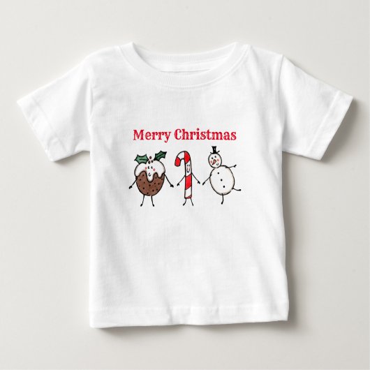 クリスマスプリン、雪だるま、キャンディーケーンTシャツ ベビーTシャツ (正面)