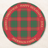 クリスマスプレイドカスタム文字 ラウンドペーパーコースター (正面)
