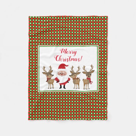 クリスマスプレイドメリークリスマスサンタトナカイ フリースブランケット (正面)
