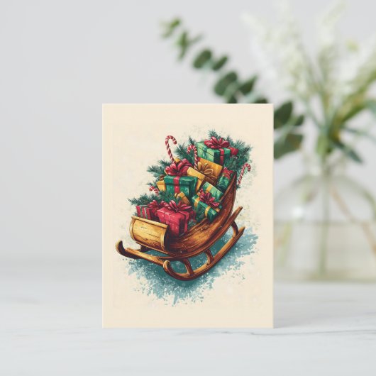 クリスマスプレゼントが詰まったヴィンテージそり シーズンポストカード (スタンド正面)