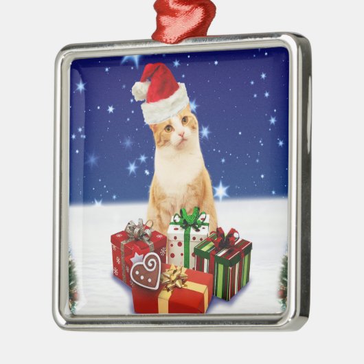 クリスマスプレゼントが贈られるサンタクロース猫 メタルオーナメント (左)