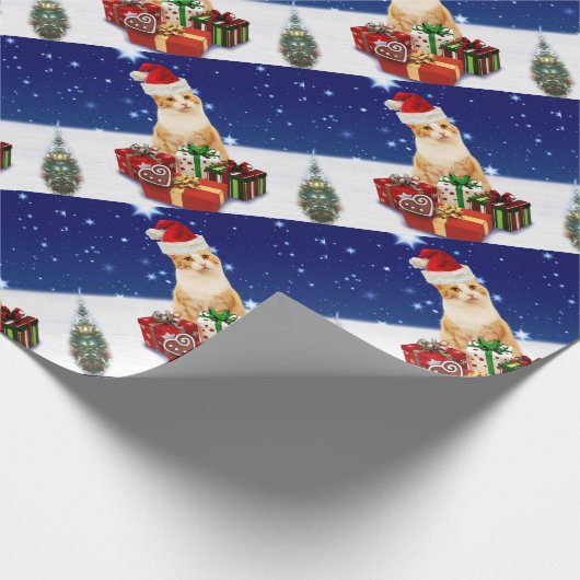 クリスマスプレゼントが贈られるサンタクロース猫 ラッピングペーパー (角)