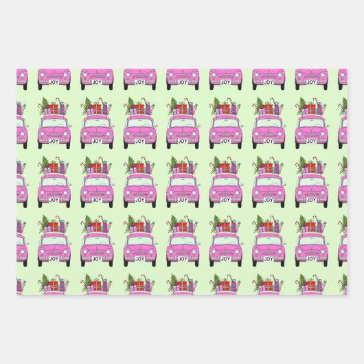 クリスマスプレゼントが贈られるピンクの車 ラッピングペーパーシート (正面3)