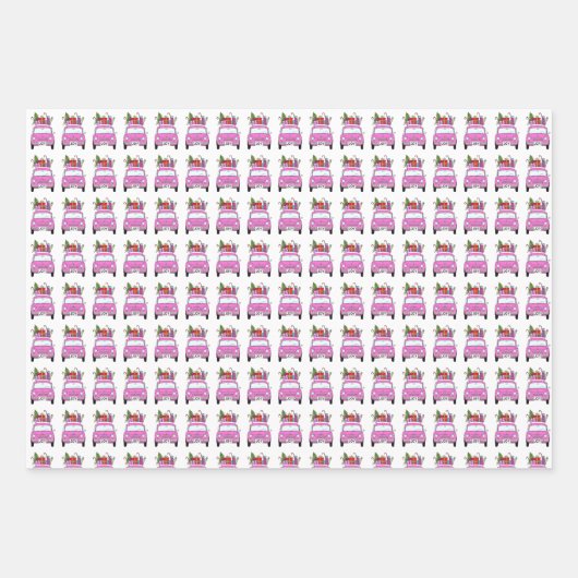 クリスマスプレゼントが贈られるピンクの車 ラッピングペーパーシート (正面2)