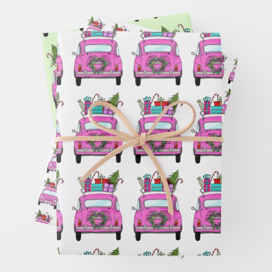 クリスマスプレゼントが贈られるピンクの車 ラッピングペーパーシート (インサイチュ)