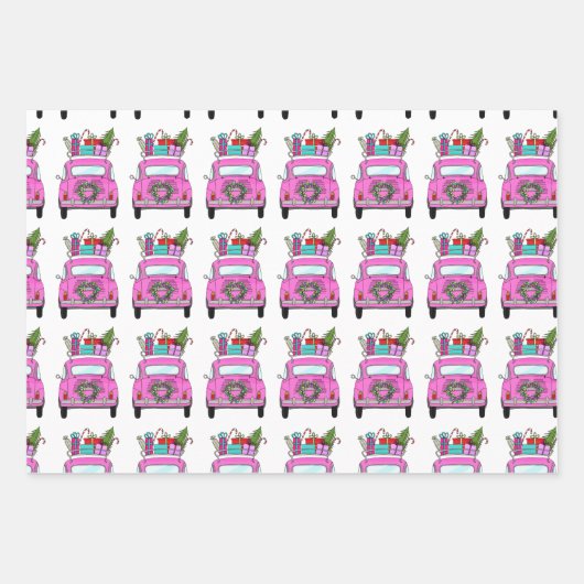 クリスマスプレゼントが贈られるピンクの車 ラッピングペーパーシート (正面)