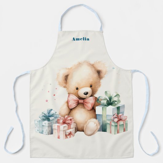 クリスマスプレゼントが贈られる可愛いテディベア エプロン (正面)