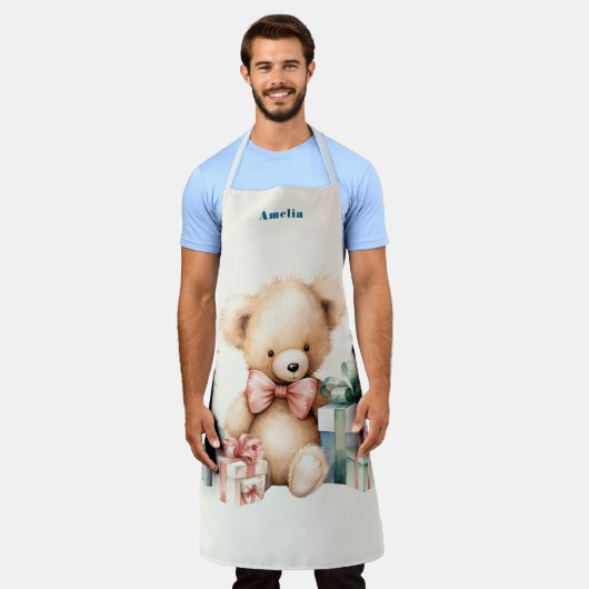 クリスマスプレゼントが贈られる可愛いテディベア エプロン (着用した状態)