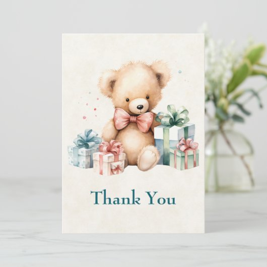 クリスマスプレゼントが贈られる可愛いテディベア サンキューカード (スタンド正面)