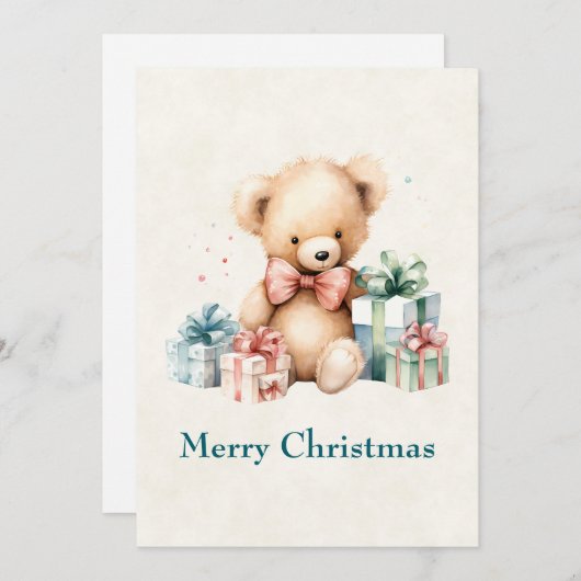 クリスマスプレゼントが贈られる可愛いテディベア シーズンカード (正面/裏面)