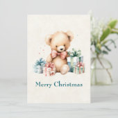クリスマスプレゼントが贈られる可愛いテディベア シーズンカード (スタンド正面)