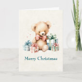 クリスマスプレゼントが贈られる可愛いテディベア シーズンカード (正面)