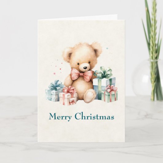 クリスマスプレゼントが贈られる可愛いテディベア シーズンカード (正面)