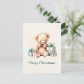 クリスマスプレゼントが贈られる可愛いテディベア シーズンポストカード (スタンド正面)