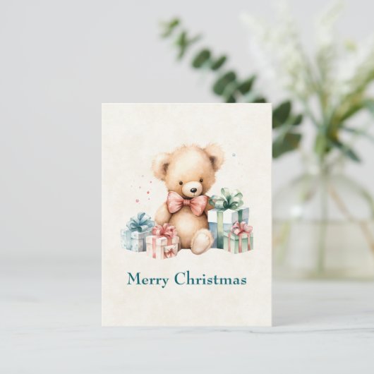 クリスマスプレゼントが贈られる可愛いテディベア シーズンポストカード (スタンド正面)
