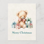 クリスマスプレゼントが贈られる可愛いテディベア シーズンポストカード (正面)