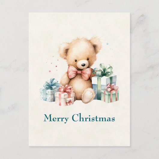 クリスマスプレゼントが贈られる可愛いテディベア シーズンポストカード (正面)