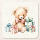 クリスマスプレゼントが贈られる可愛いテディベア スクエアペーパーコースター (正面)