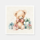 クリスマスプレゼントが贈られる可愛いテディベア スタンダードカクテルナプキン (正面)