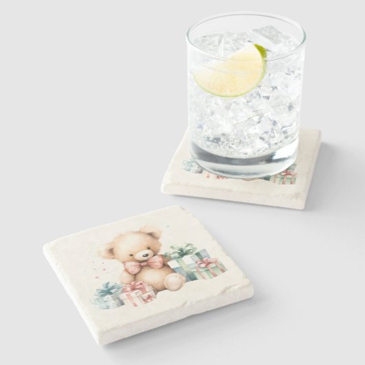 クリスマスプレゼントが贈られる可愛いテディベア ストーンコースター (横)