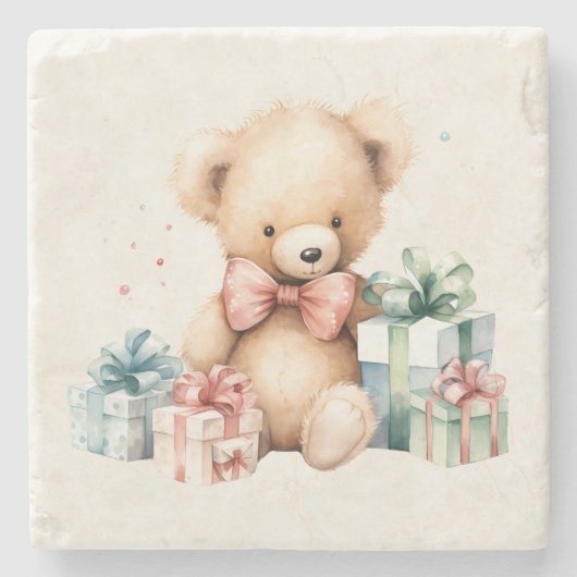 クリスマスプレゼントが贈られる可愛いテディベア ストーンコースター (正面)