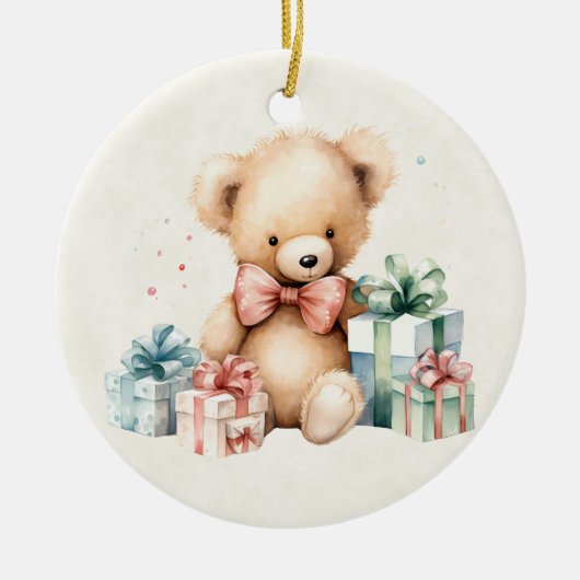 クリスマスプレゼントが贈られる可愛いテディベア セラミックオーナメント (正面)