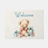 クリスマスプレゼントが贈られる可愛いテディベア ドアマット (正面)