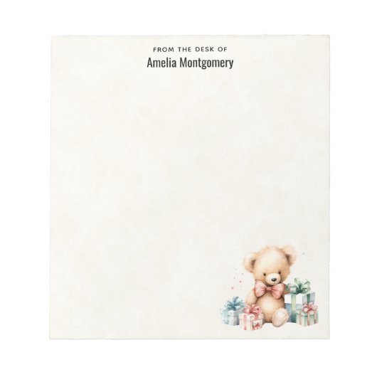 クリスマスプレゼントが贈られる可愛いテディベア ノートパッド (正面)