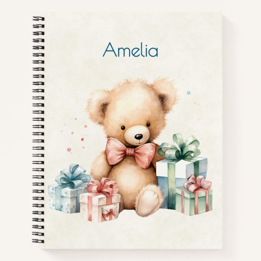 クリスマスプレゼントが贈られる可愛いテディベア ノートブック (正面)