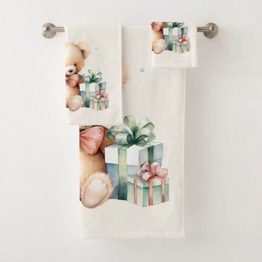 クリスマスプレゼントが贈られる可愛いテディベア バスタオルセット (インサイチュ)
