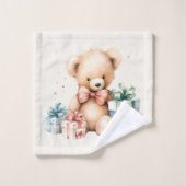 クリスマスプレゼントが贈られる可愛いテディベア バスタオルセット (ウォッシュタオル)