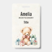 クリスマスプレゼントが贈られる可愛いテディベア バッジ (Back)