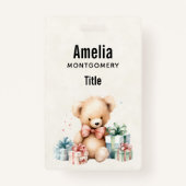 クリスマスプレゼントが贈られる可愛いテディベア バッジ (正面)