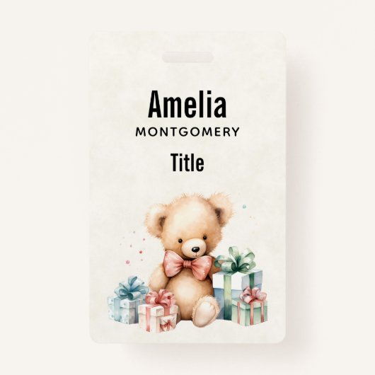 クリスマスプレゼントが贈られる可愛いテディベア バッジ (正面)