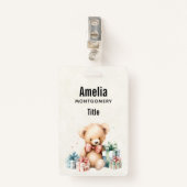 クリスマスプレゼントが贈られる可愛いテディベア バッジ (正面クリップ)