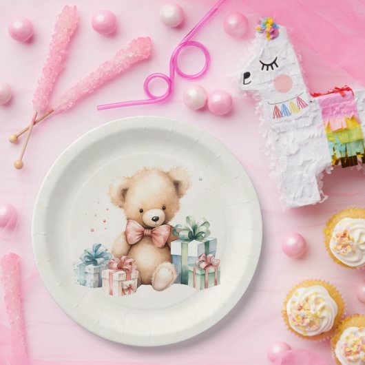 クリスマスプレゼントが贈られる可愛いテディベア ペーパープレート (パーティー)