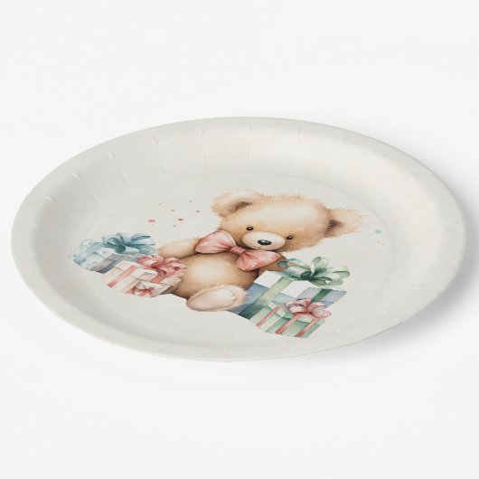 クリスマスプレゼントが贈られる可愛いテディベア ペーパープレート (アングル)