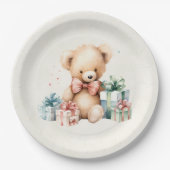 クリスマスプレゼントが贈られる可愛いテディベア ペーパープレート (正面)