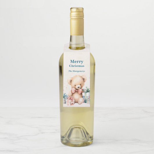 クリスマスプレゼントが贈られる可愛いテディベア ボトルネックタグ (ボトル)