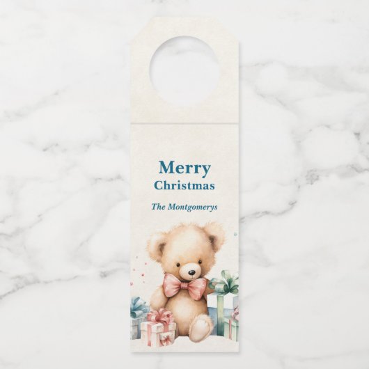 クリスマスプレゼントが贈られる可愛いテディベア ボトルネックタグ (正面)