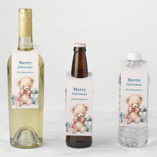 クリスマスプレゼントが贈られる可愛いテディベア ボトルネックタグ (インサイチュ)