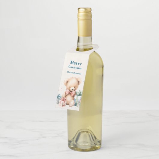 クリスマスプレゼントが贈られる可愛いテディベア ボトルネックタグ (アングル)