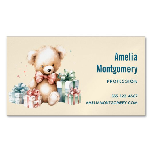 クリスマスプレゼントが贈られる可愛いテディベア マグネット名刺 (正面)