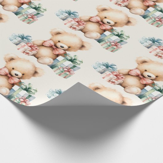 クリスマスプレゼントが贈られる可愛いテディベア ラッピングペーパー (角)