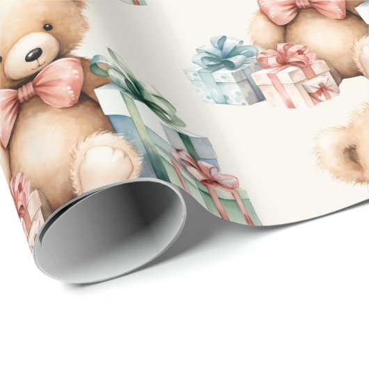 クリスマスプレゼントが贈られる可愛いテディベア ラッピングペーパー (ロールコーナー)