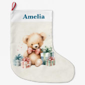 クリスマスプレゼントが贈られる可愛いテディベア ラージクリスマスストッキング (正面)