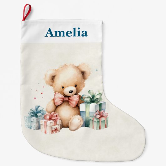 クリスマスプレゼントが贈られる可愛いテディベア ラージクリスマスストッキング (正面)