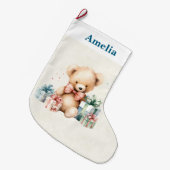 クリスマスプレゼントが贈られる可愛いテディベア ラージクリスマスストッキング (正面 (吊り時))