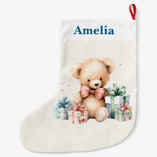 クリスマスプレゼントが贈られる可愛いテディベア ラージクリスマスストッキング (裏面)